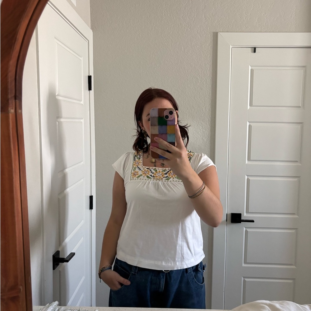 Floral Embroidered White Top